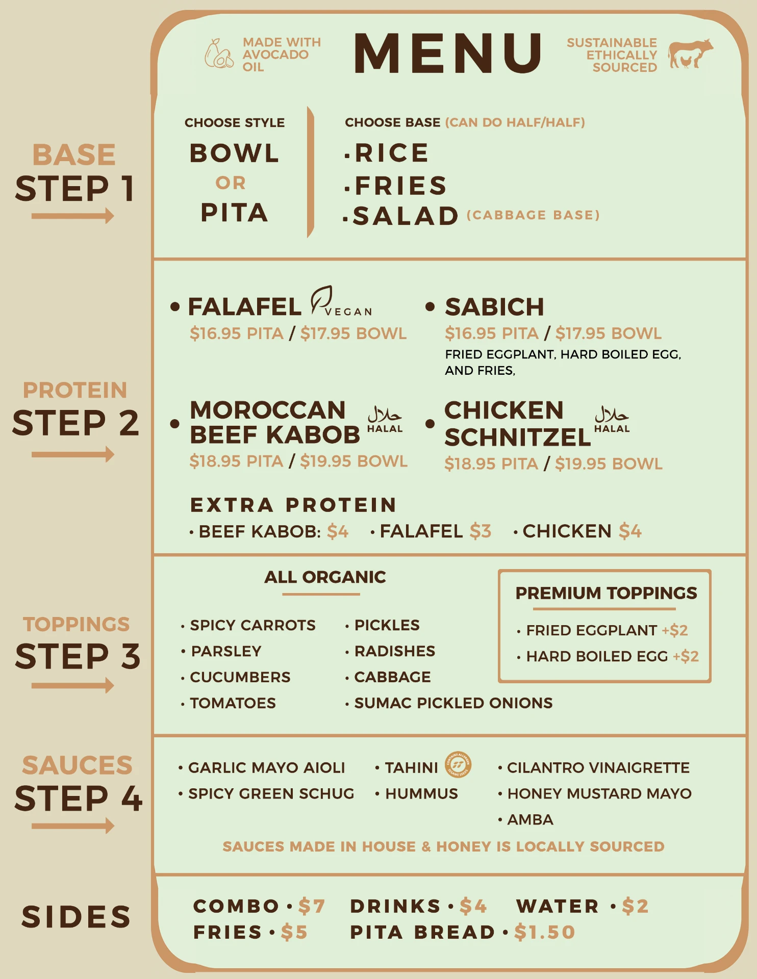Dalia's Falafel menu board: base, protein, toppings, sauces and sides with prices